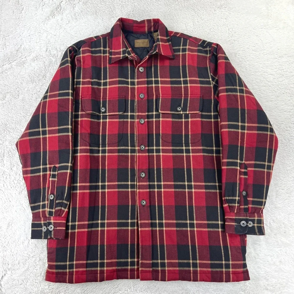 Towncraft Flannel Jacket Shacket Men's‎ MEDIUM Red Black Plaid Quilted Pockets